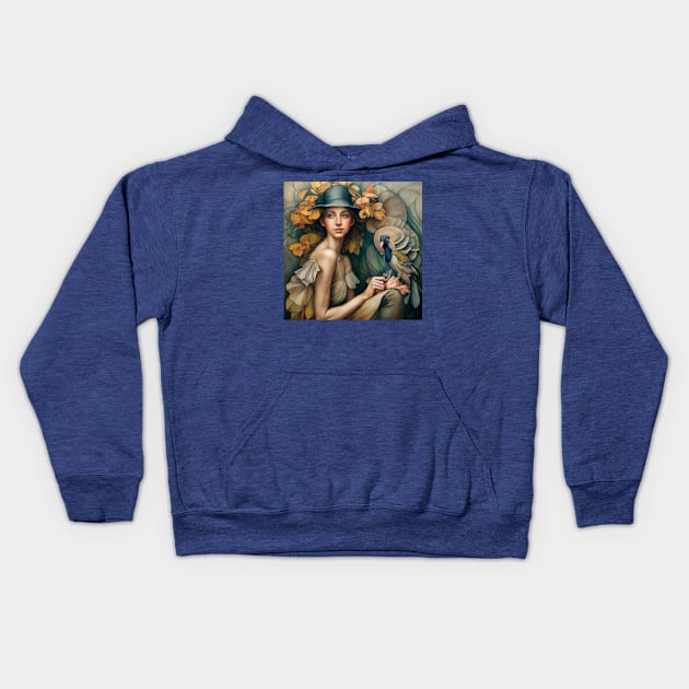 Art Deco - Woman and Peacock Kids Hoodie by JimDeFazioPhotography